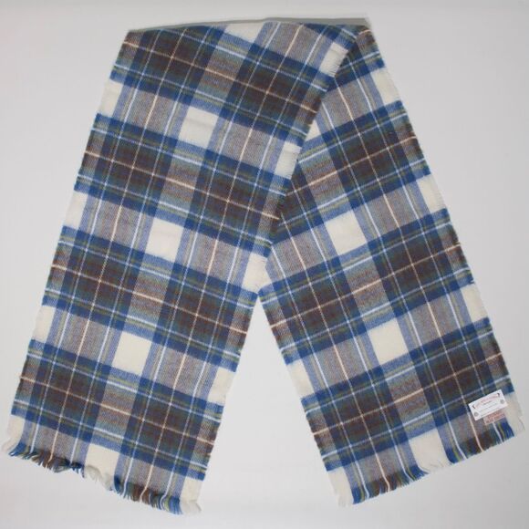 VTG James Pringle Weavers 100% New Wool Scarf Made in Scotland Blue Brown Plaid - Picture 1 of 7